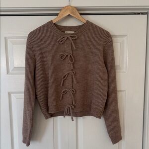 Tie-Front Knit Crewneck Sweater in Taupe